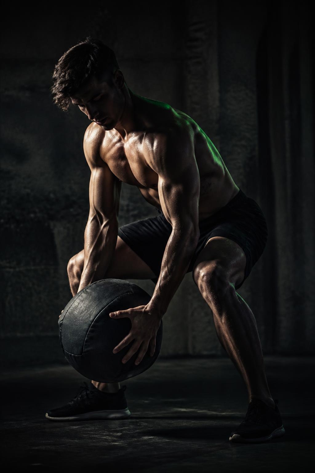 Athlete training in a dark gym